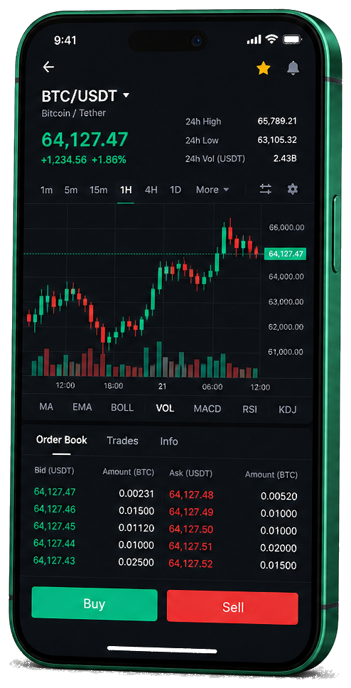 Immediate Binestar plataforma de negociação móvel — gráfico BTC/USDT ao vivo, carteira de pedidos e interface de compra/venda